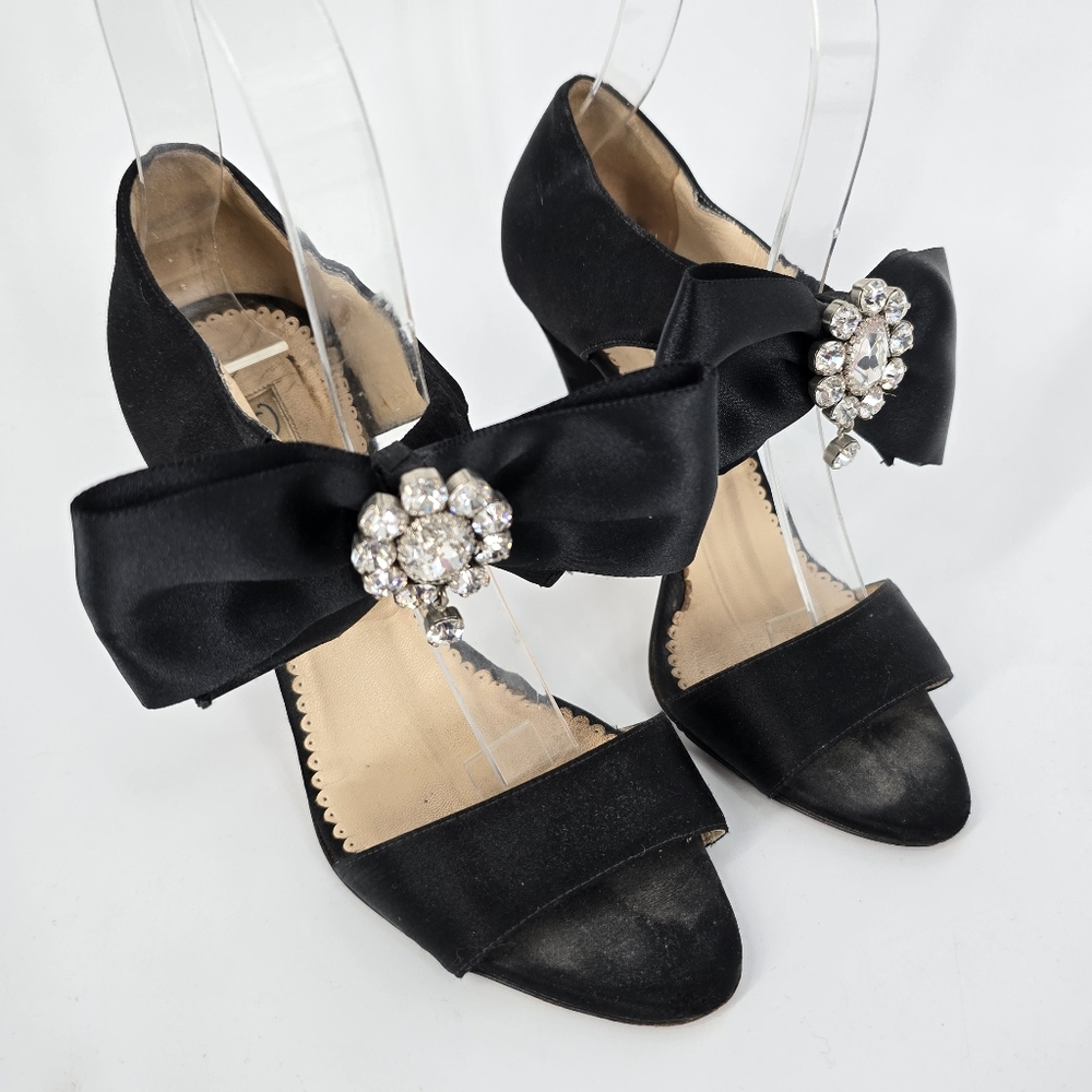 Oscar de la Renta Black Satin Embellished Bow Evening Sandals Size 35.5